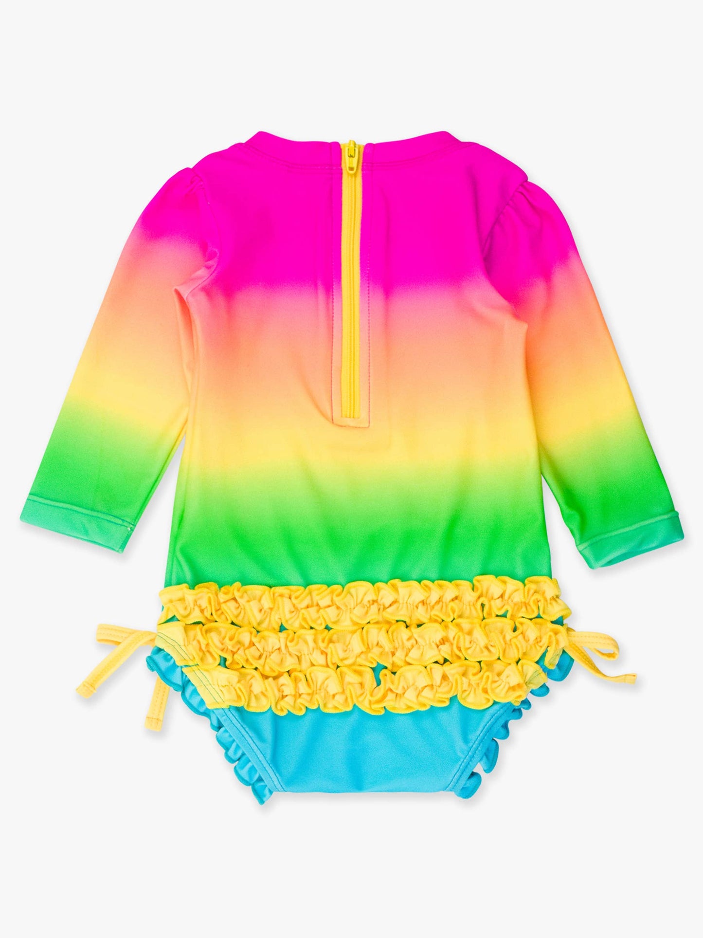 Baby Girls Neon Sunset Long Sleeve One Piece Rash Guard Swimsuit with Signature Rear Ruffles