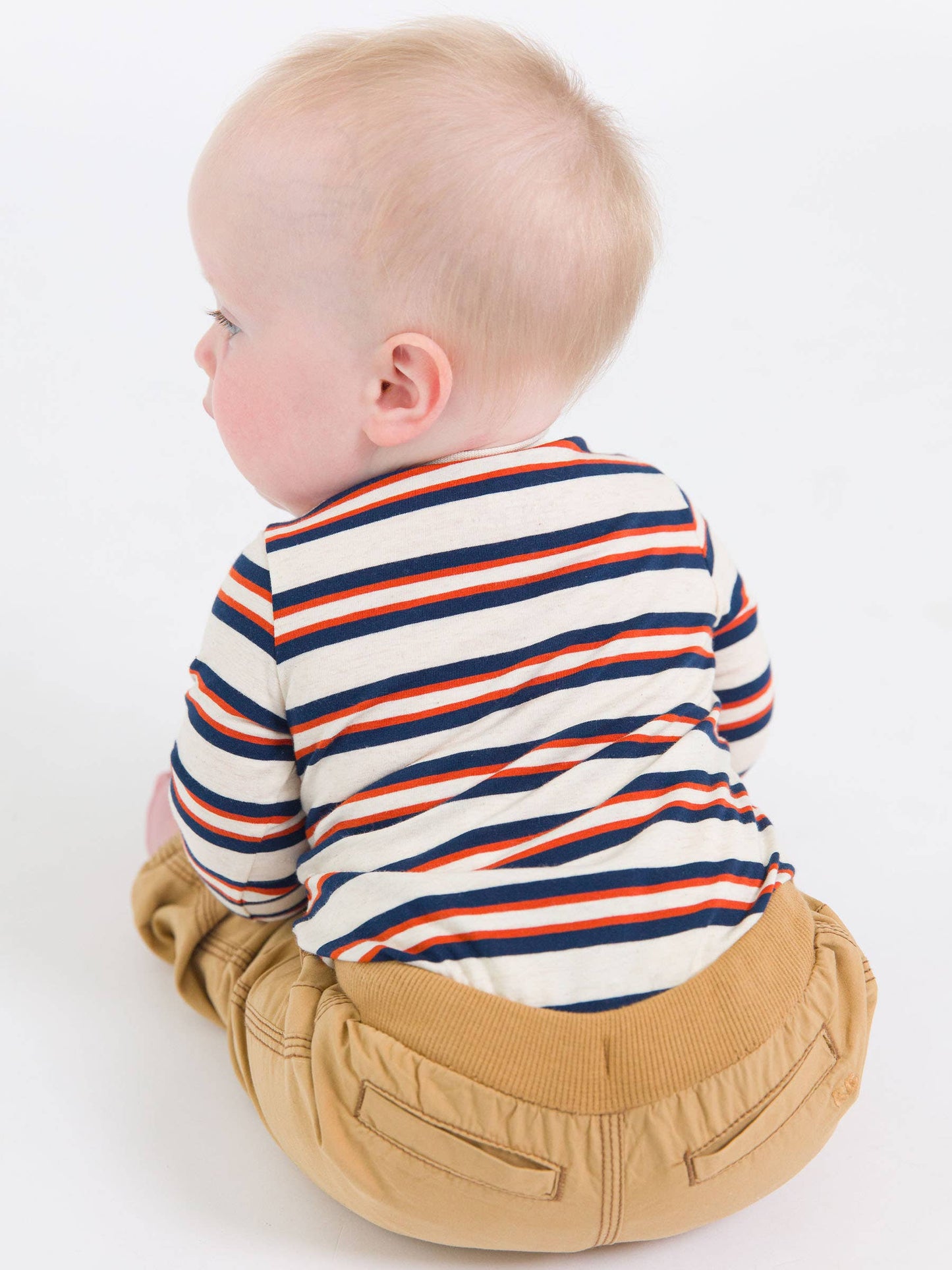 Baby Boys Heather Oatmeal & Rust Stripe Knit Long Sleeve 2-Button Henley Bodysuit