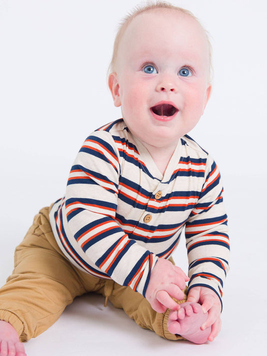 Baby Boys Heather Oatmeal & Rust Stripe Knit Long Sleeve 2-Button Henley Bodysuit