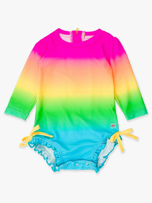 Baby Girls Neon Sunset Long Sleeve One Piece Rash Guard Swimsuit with Signature Rear Ruffles