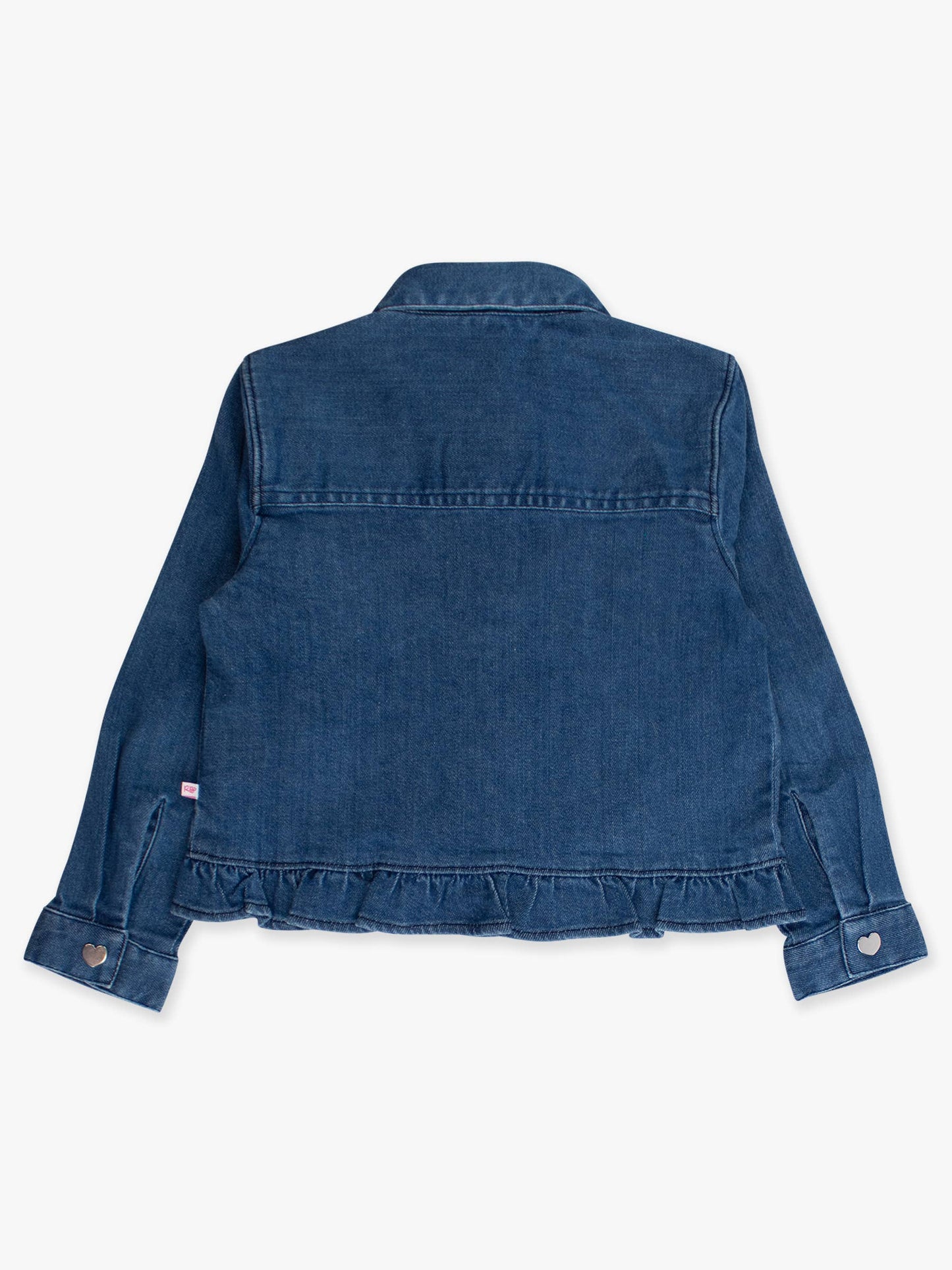 Girls Medium Wash Denim Stretch Denim Ruffle Jean Jacket with Heart Buttons