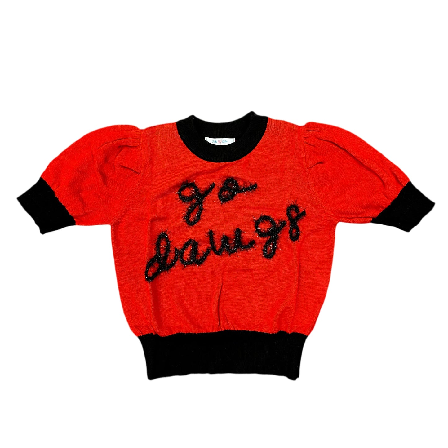 A bright red knit sweater with black trim, featuring puff sleeves, a black crew neck, and 'go daws' written across the chest in black knit lettering.