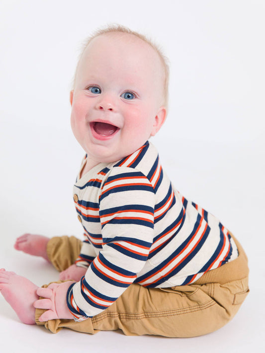 Baby Boys Heather Oatmeal & Rust Stripe Knit Long Sleeve 2-Button Henley Bodysuit