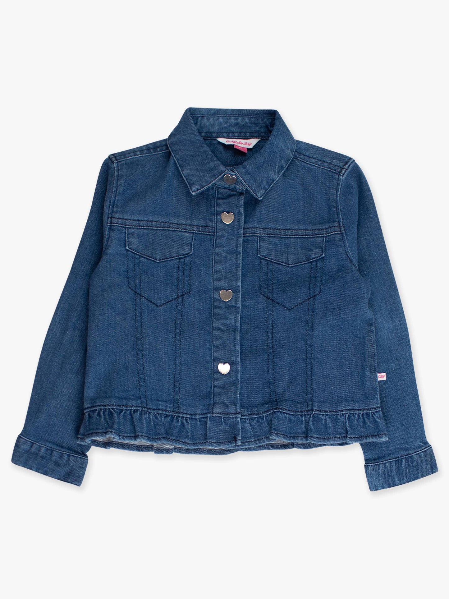 Girls Medium Wash Denim Stretch Denim Ruffle Jean Jacket with Heart Buttons
