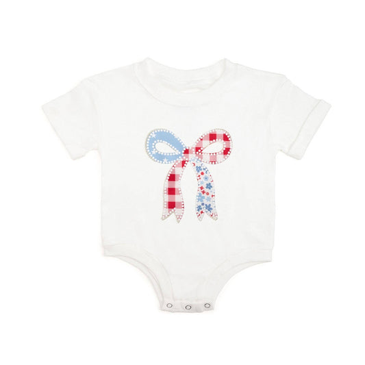 Patchwork Bow Patch Short Sleeve Romper - Fourth of July
