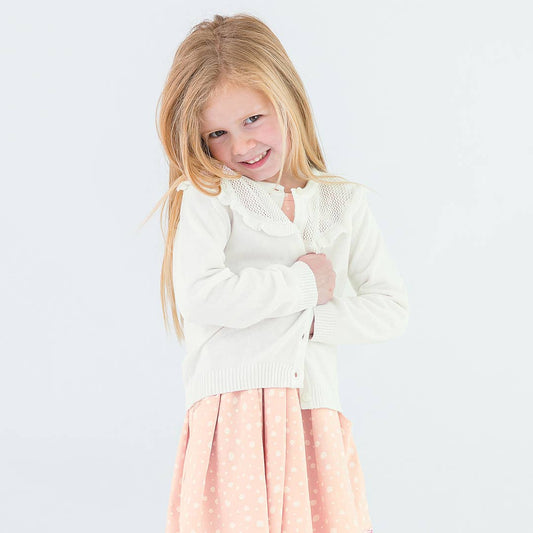 Girls Off-White Sweater Knit Ruffle Trim Cardigan