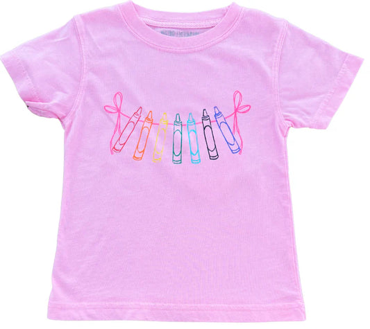 Short Sleeve Light Pink Colorful Crayons With Bows T-Shirt