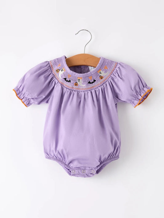 Purple Halloween Smock Embroidery Baby Girl Romper