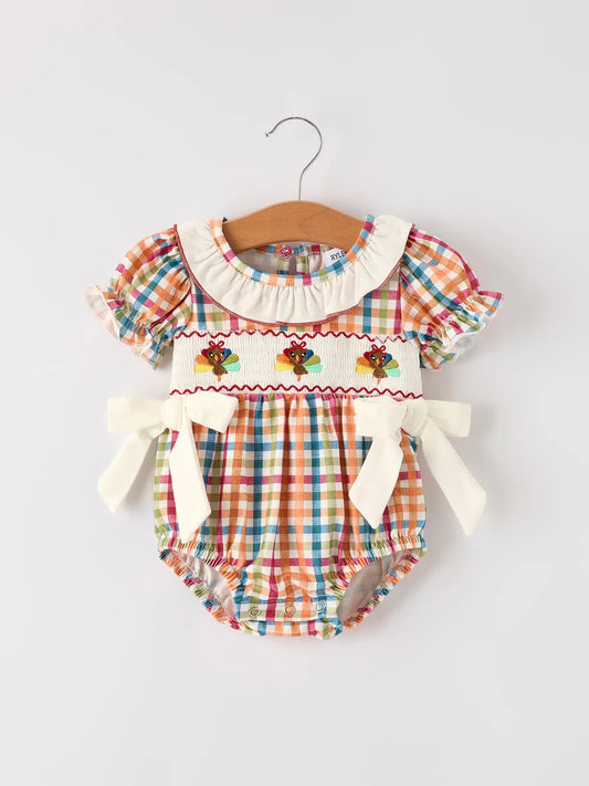 Fall Thanksgiving Color Plaid Chick Embroidery Smocking Baby Girls Romper
