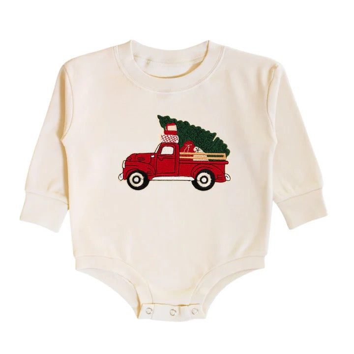 Christmas Truck Patch Long Sleeve Romper- Natural