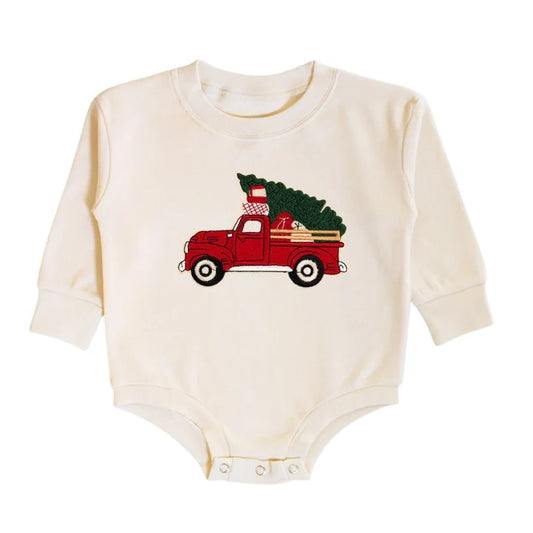 Christmas Truck Patch Long Sleeve Romper- Natural