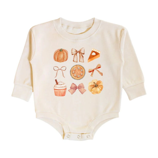 Thankful Cutie Thanksgiving Long Sleeve Romper- Natural