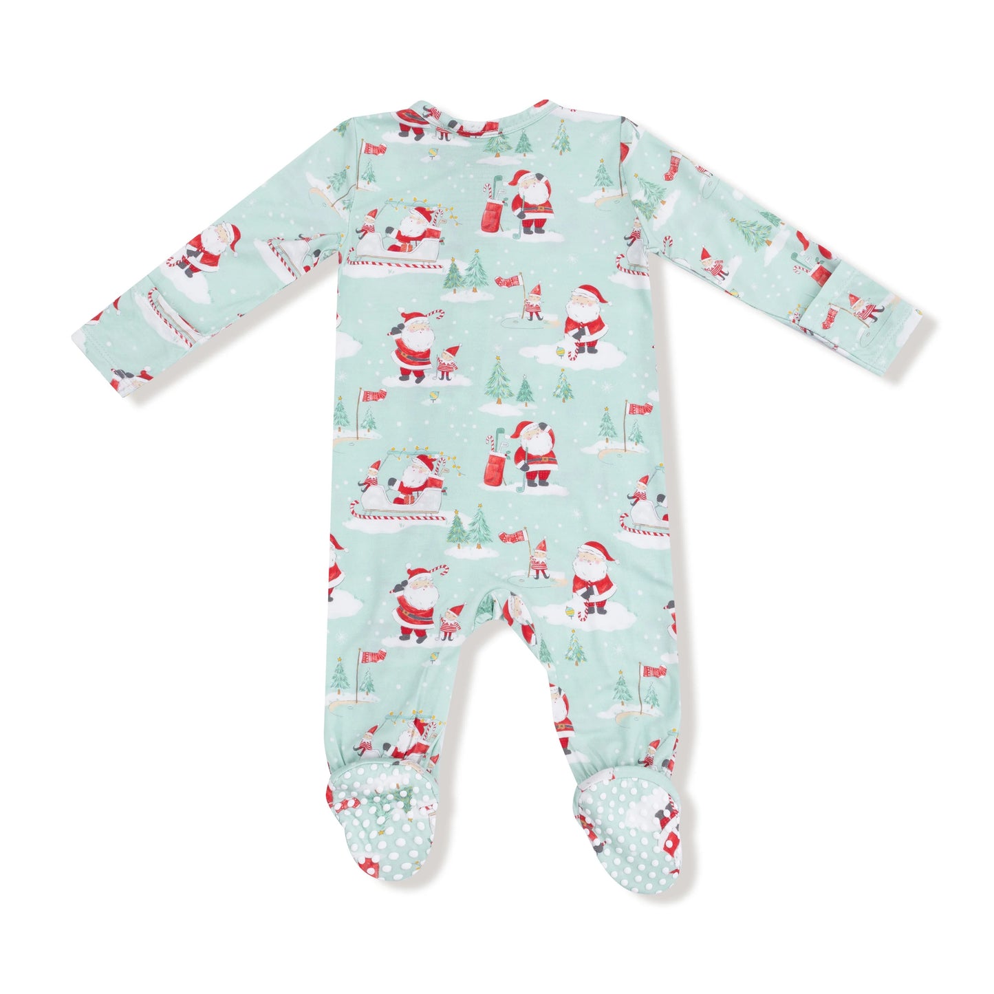 Golfing Santa and Elves- 2 Way Zipper Footie- Spearmint