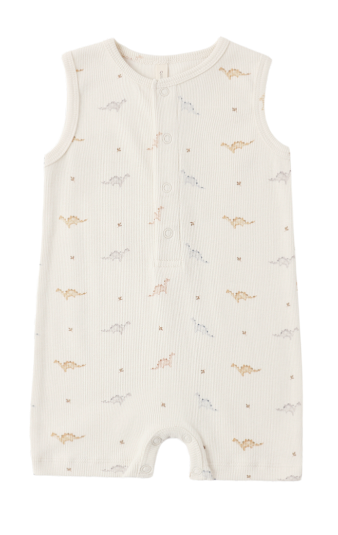 Quincy Mae Ribbed Henley Romper - Dinos