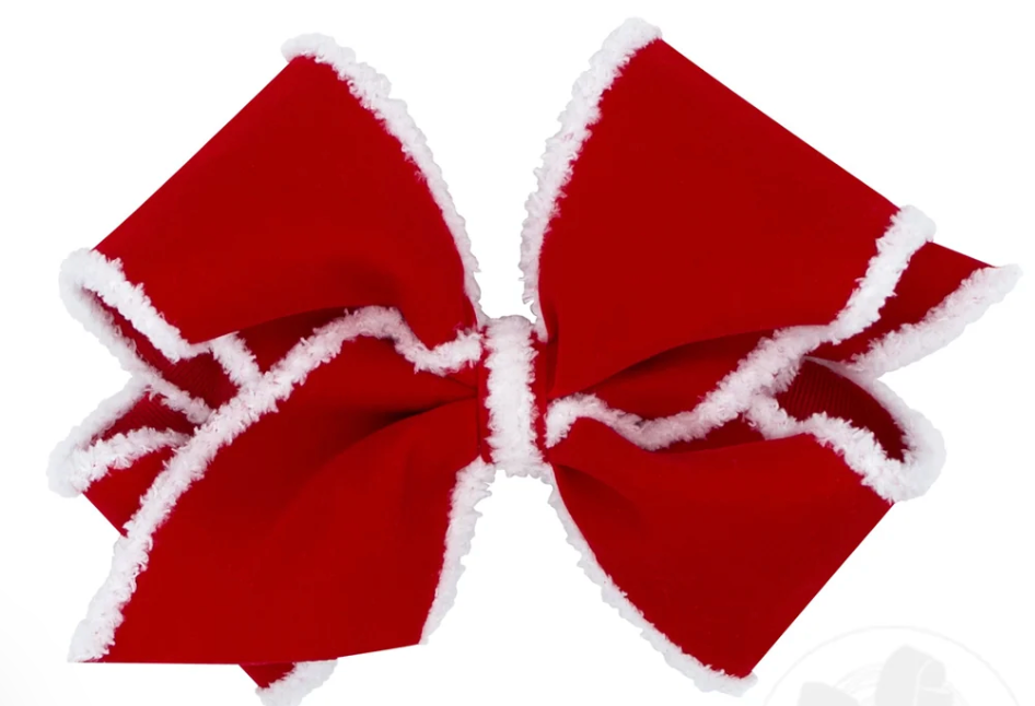 Wee One's King White Faux Fur Edge Velvet and Grosgrain Overlay Hair Bow