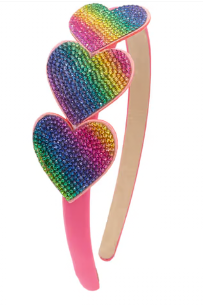 Small Rainbow Crystallized Hearts on Thin Satin Fuchsia Headband