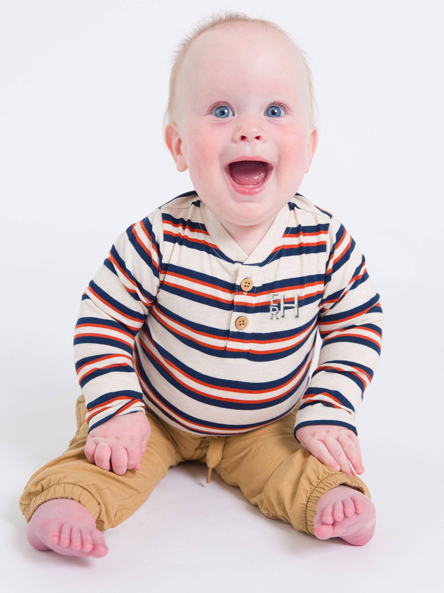 Baby Boys Heather Oatmeal & Rust Stripe Knit Long Sleeve 2-Button Henley Bodysuit