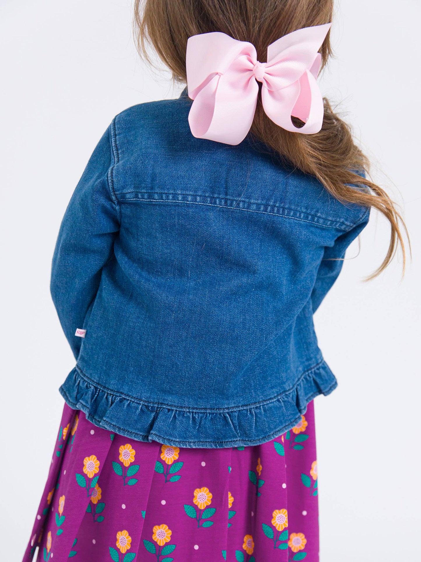 Girls Medium Wash Denim Stretch Denim Ruffle Jean Jacket with Heart Buttons