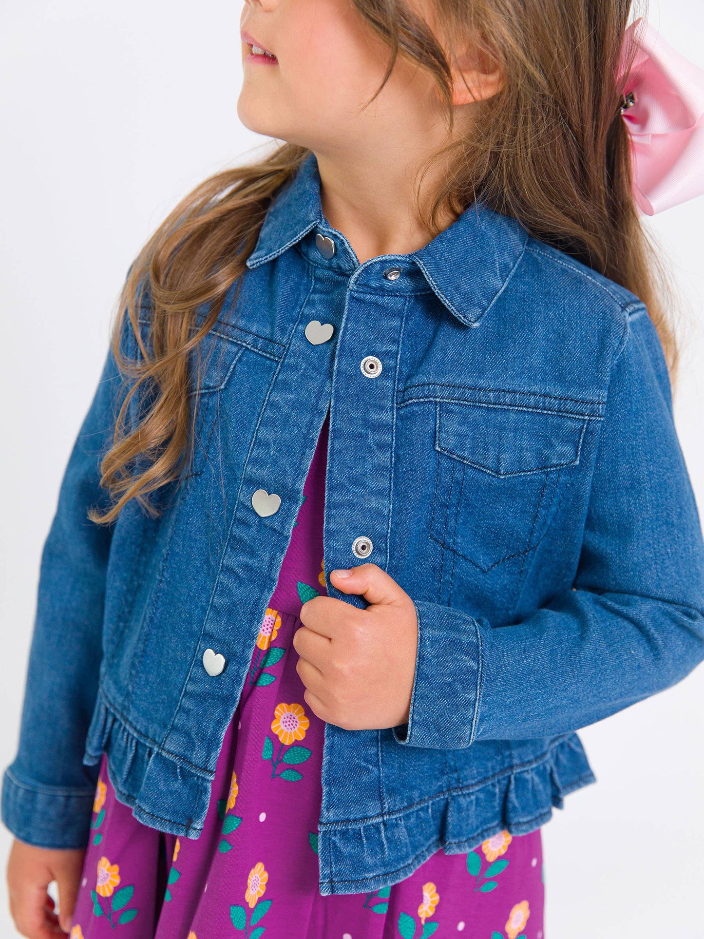 Girls Medium Wash Denim Stretch Denim Ruffle Jean Jacket with Heart Buttons