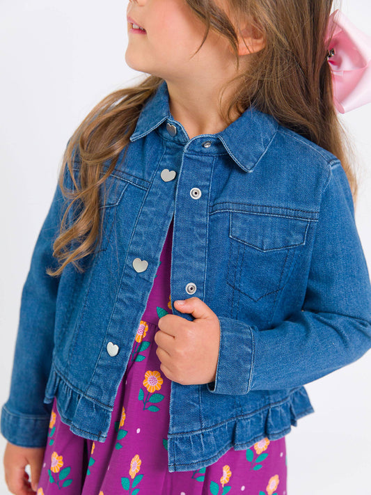 Girls Medium Wash Denim Stretch Denim Ruffle Jean Jacket with Heart Buttons