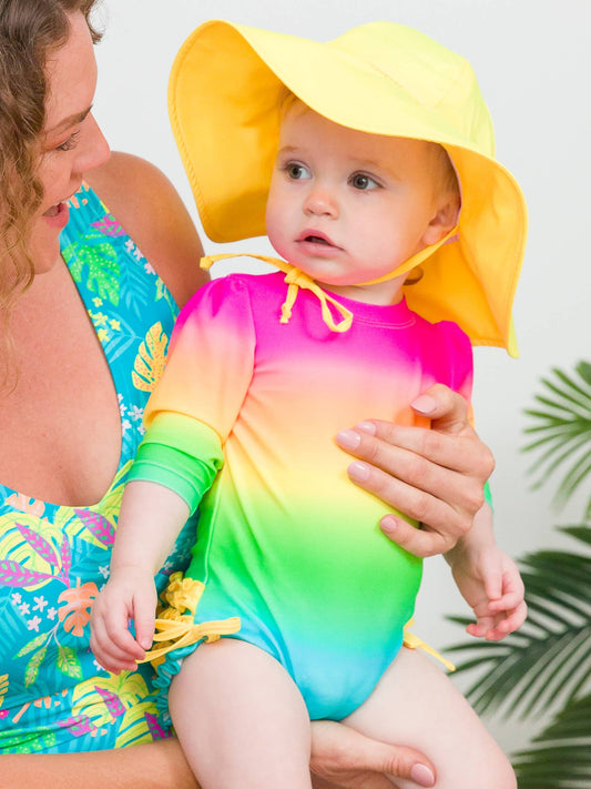 Baby Girls Neon Sunset Long Sleeve One Piece Rash Guard Swimsuit with Signature Rear Ruffles