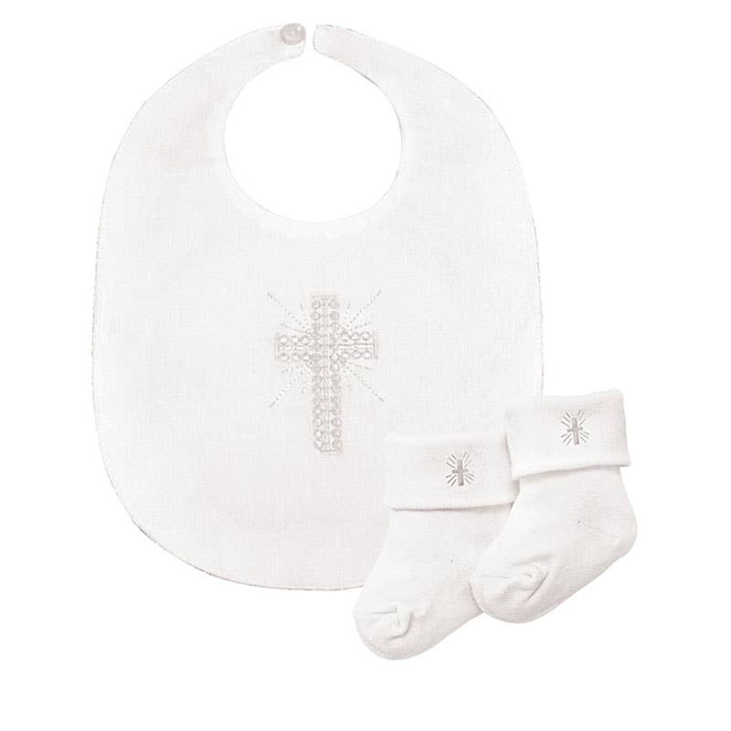 Embroidered Cross Bib & Lace Sock Set, 0-6 months