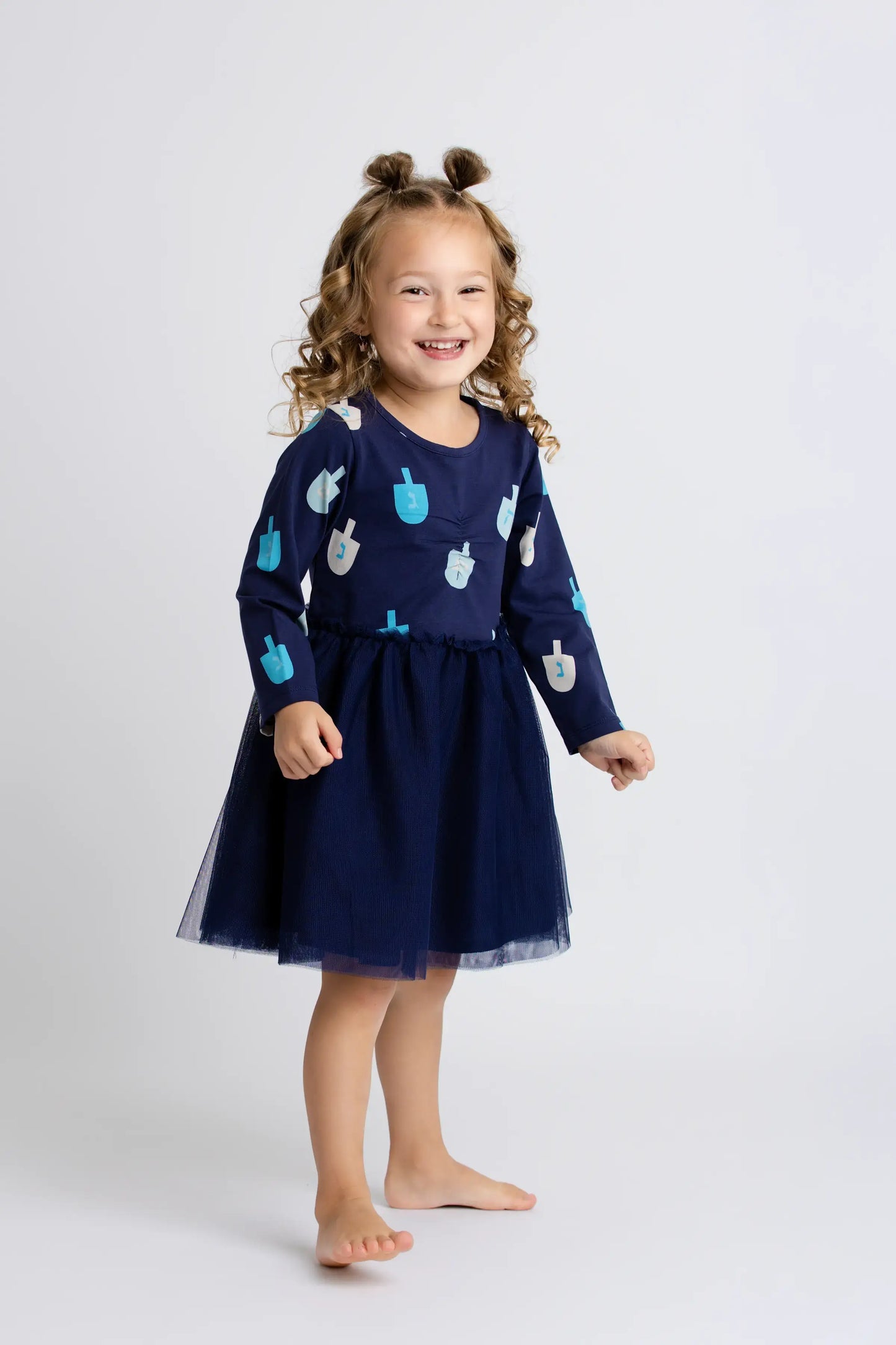 Holiday Kids Long Sleeve Tulle Dress_Hanukkah Dreidels