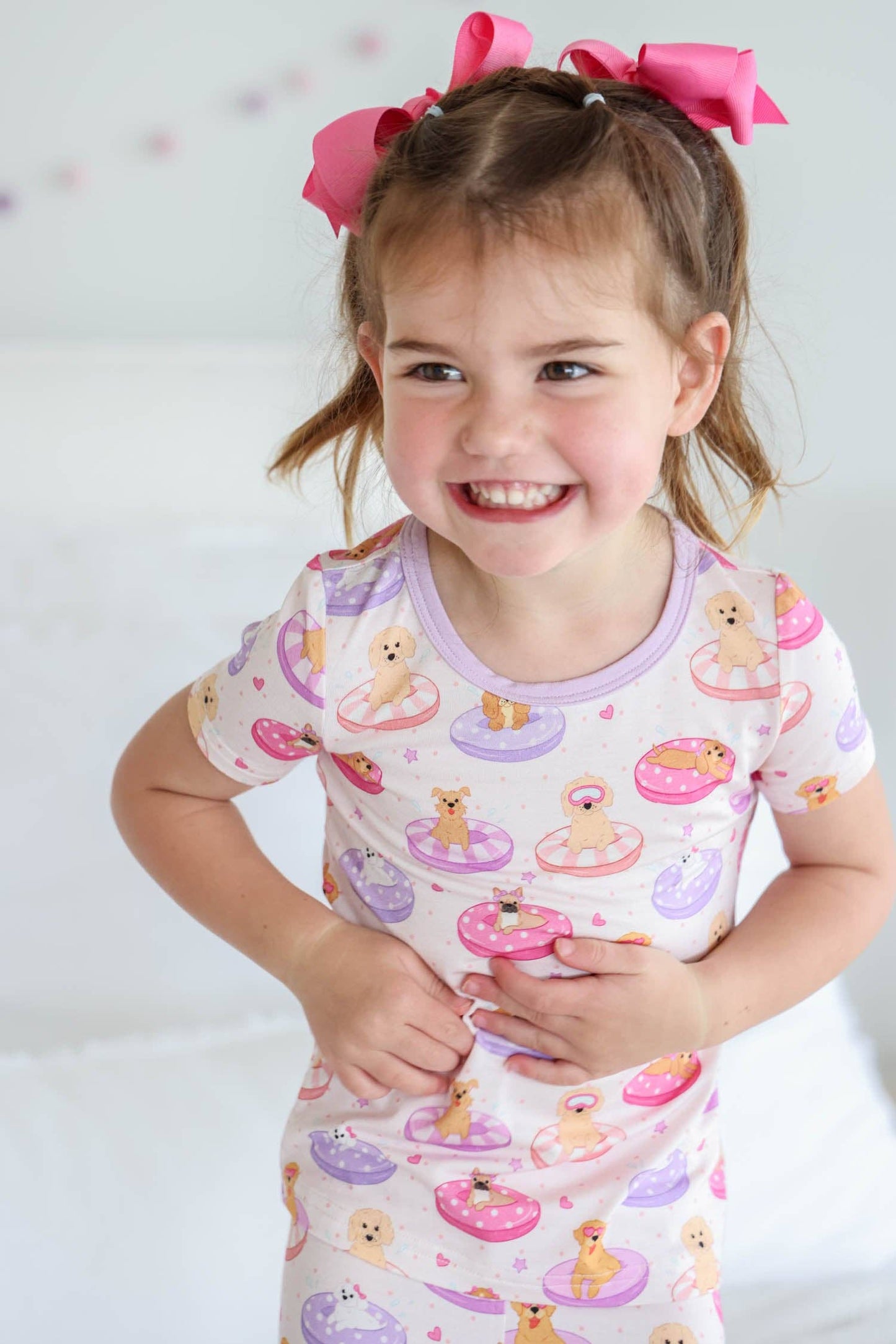 Two Piece Short Pajama Set | Poolside Pups Pink