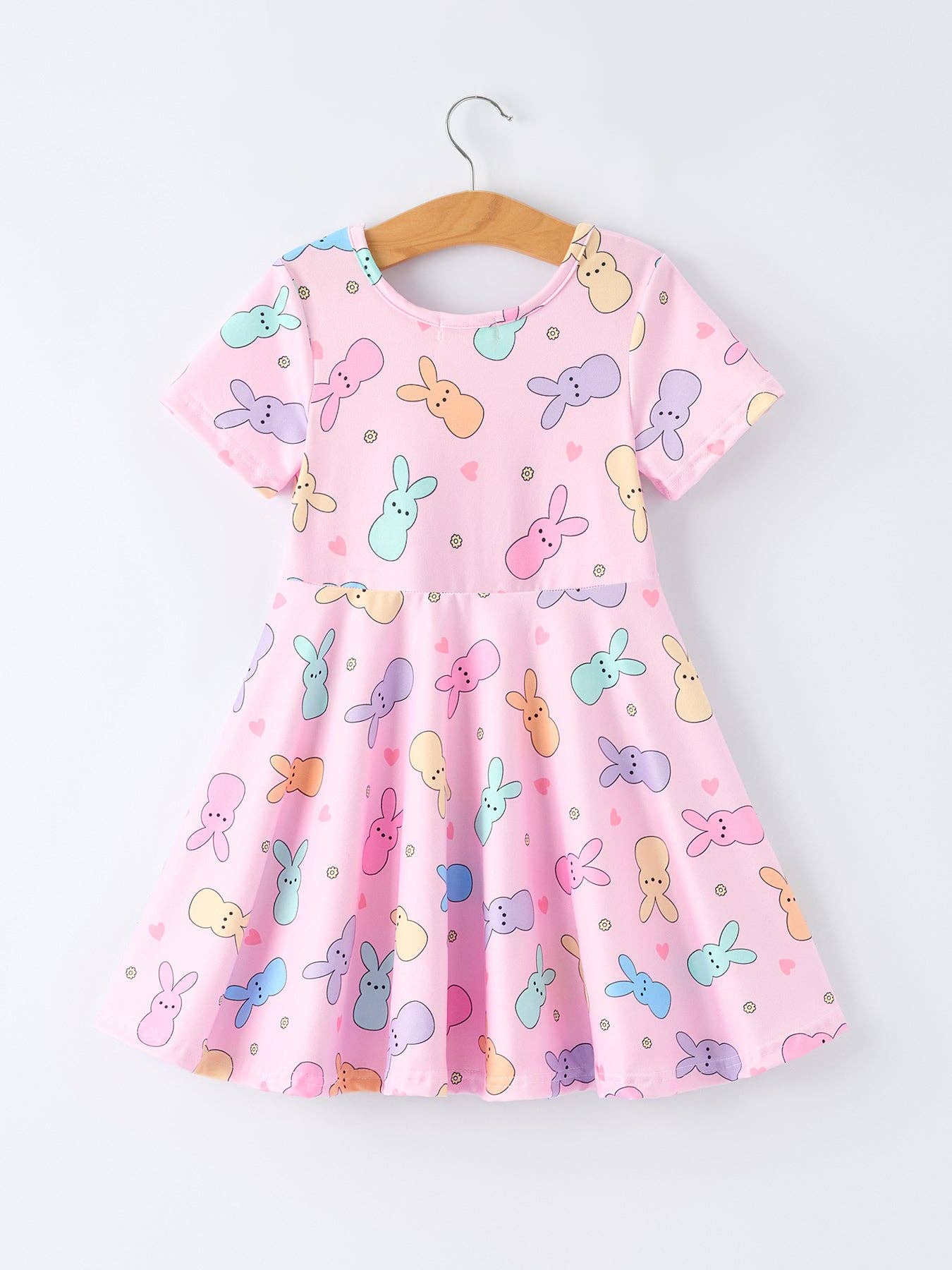 Colorful Easter Bunny Girls Twirl Short Sleeve Dress
