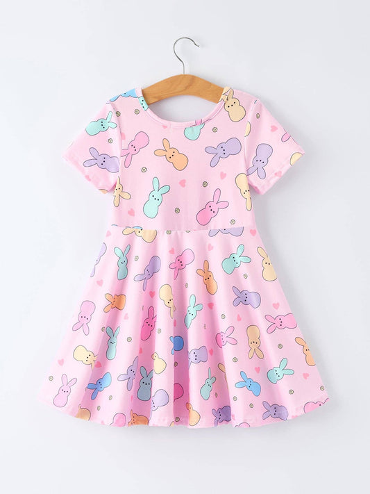 Colorful Easter Bunny Girls Twirl Short Sleeve Dress