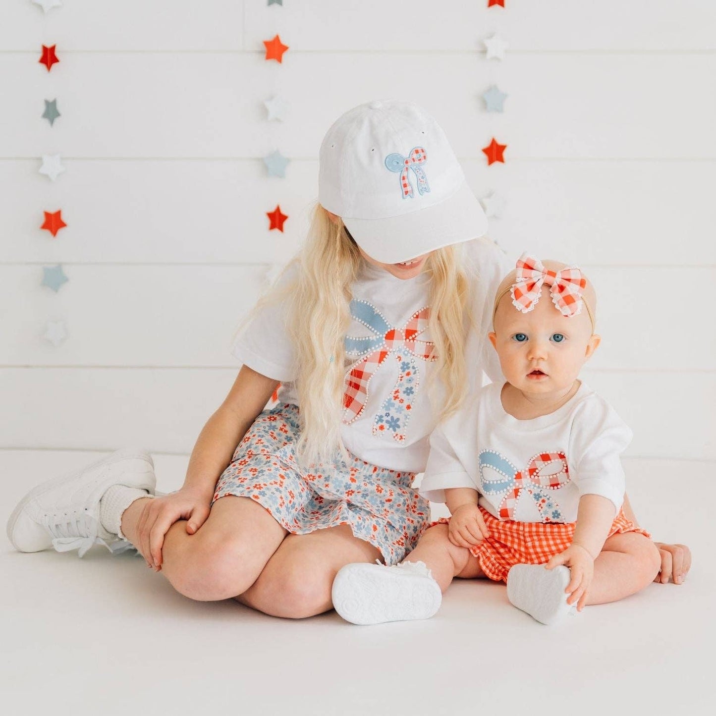 Patchwork Bow Patch Short Sleeve Romper - Fourth of July