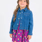 Girls Medium Wash Denim Stretch Denim Ruffle Jean Jacket with Heart Buttons