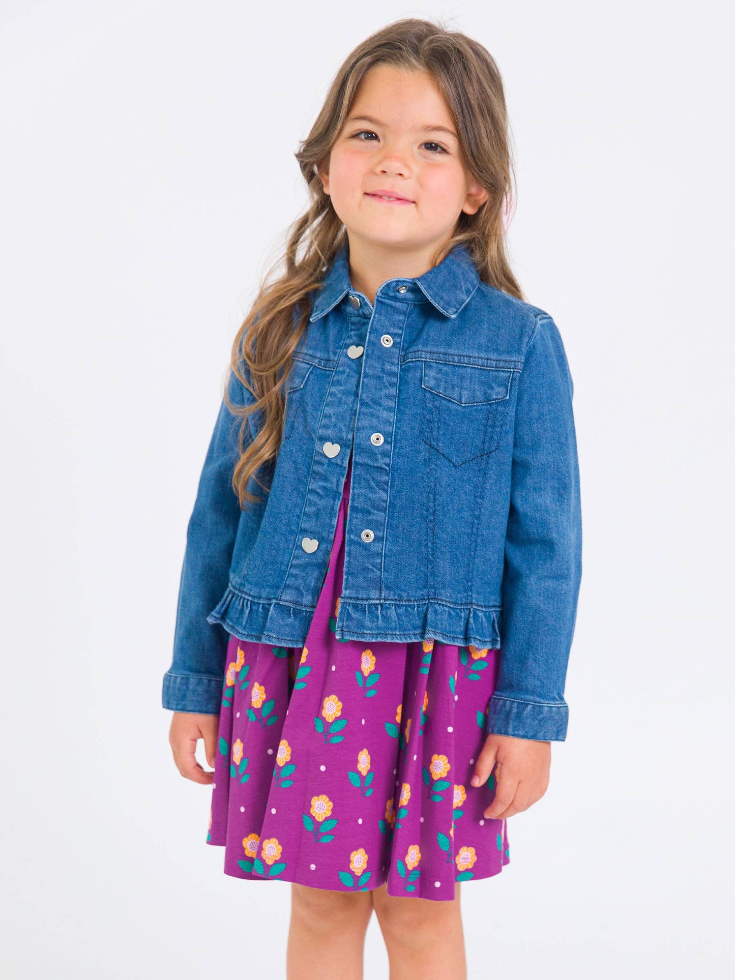Girls Medium Wash Denim Stretch Denim Ruffle Jean Jacket with Heart Buttons