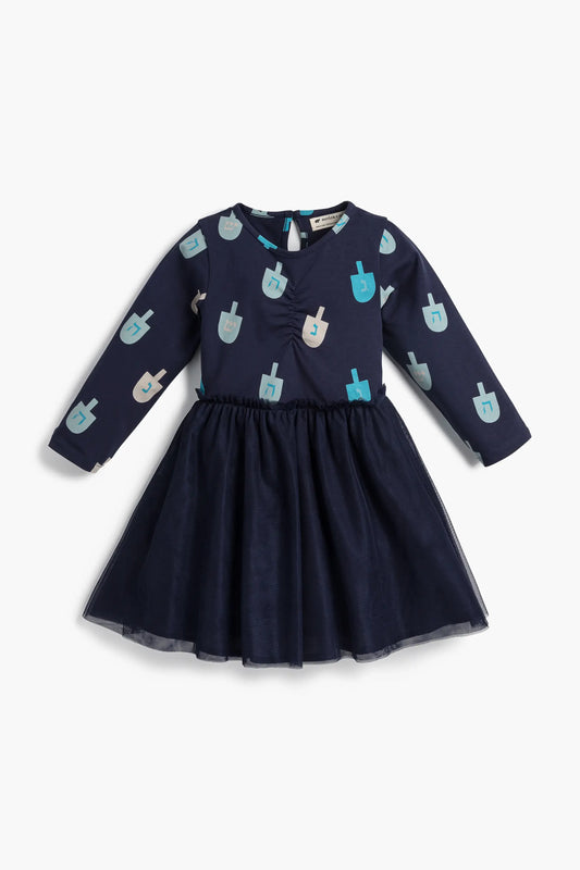 Holiday Kids Long Sleeve Tulle Dress_Hanukkah Dreidels