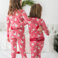 SoftSnooze™ Toddler Girls Bamboo Viscose Red Dear Santa Ruffle Long Sleeve Pajama Set with Signature Rear Ruffles