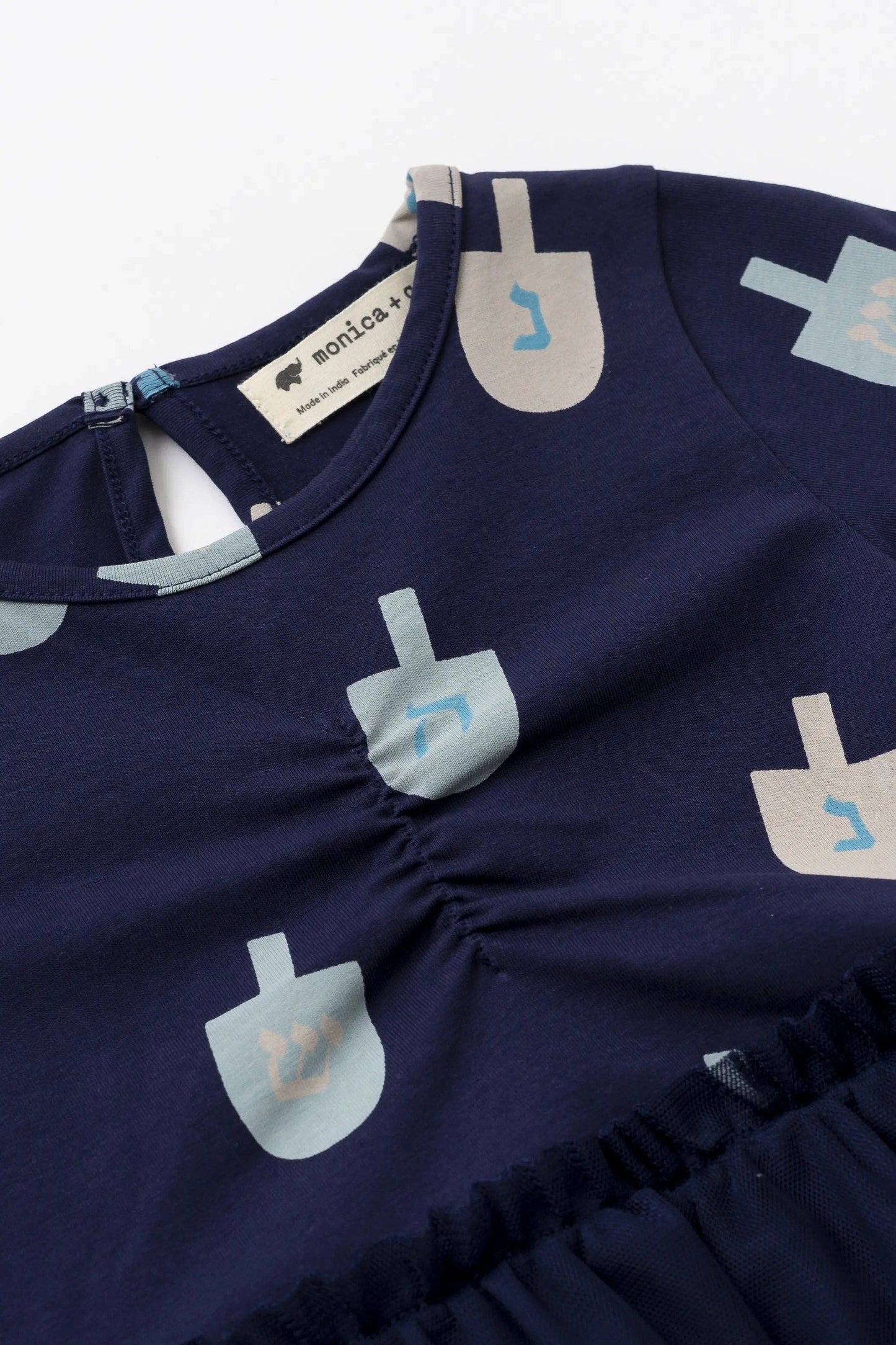 Holiday Kids Long Sleeve Tulle Dress_Hanukkah Dreidels