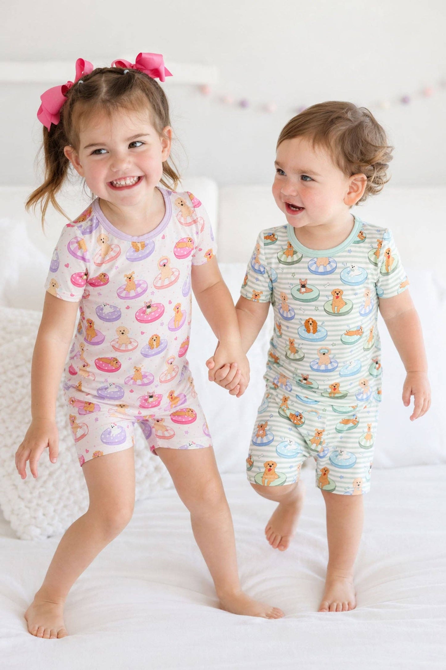 Two Piece Short Pajama Set | Poolside Pups Blue