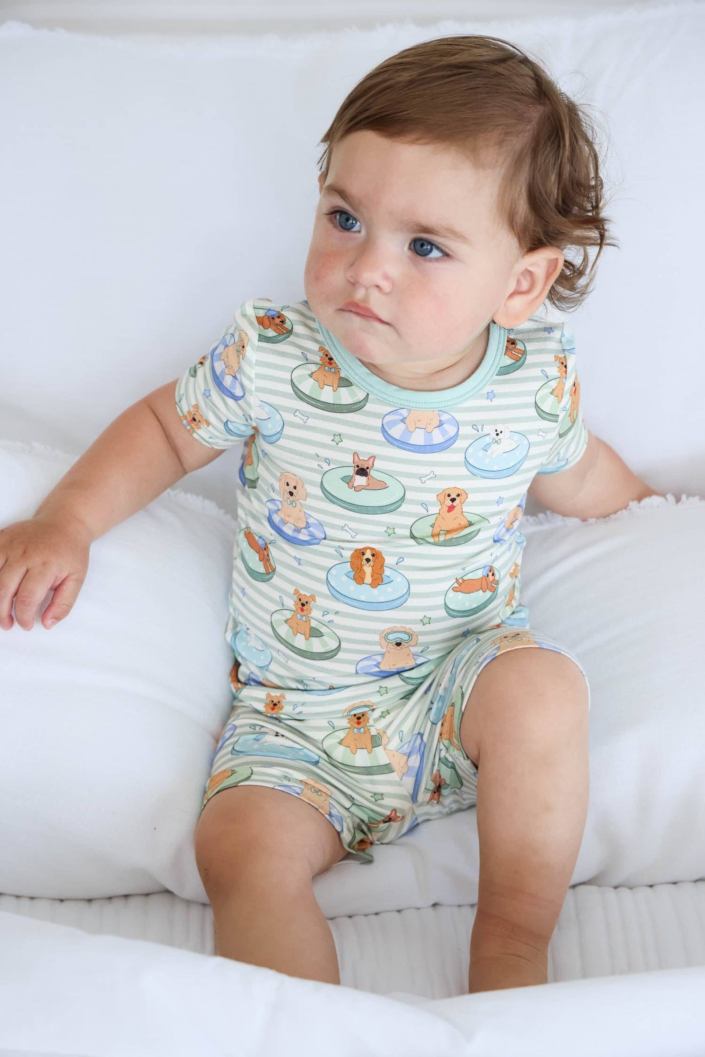 Two Piece Short Pajama Set | Poolside Pups Blue