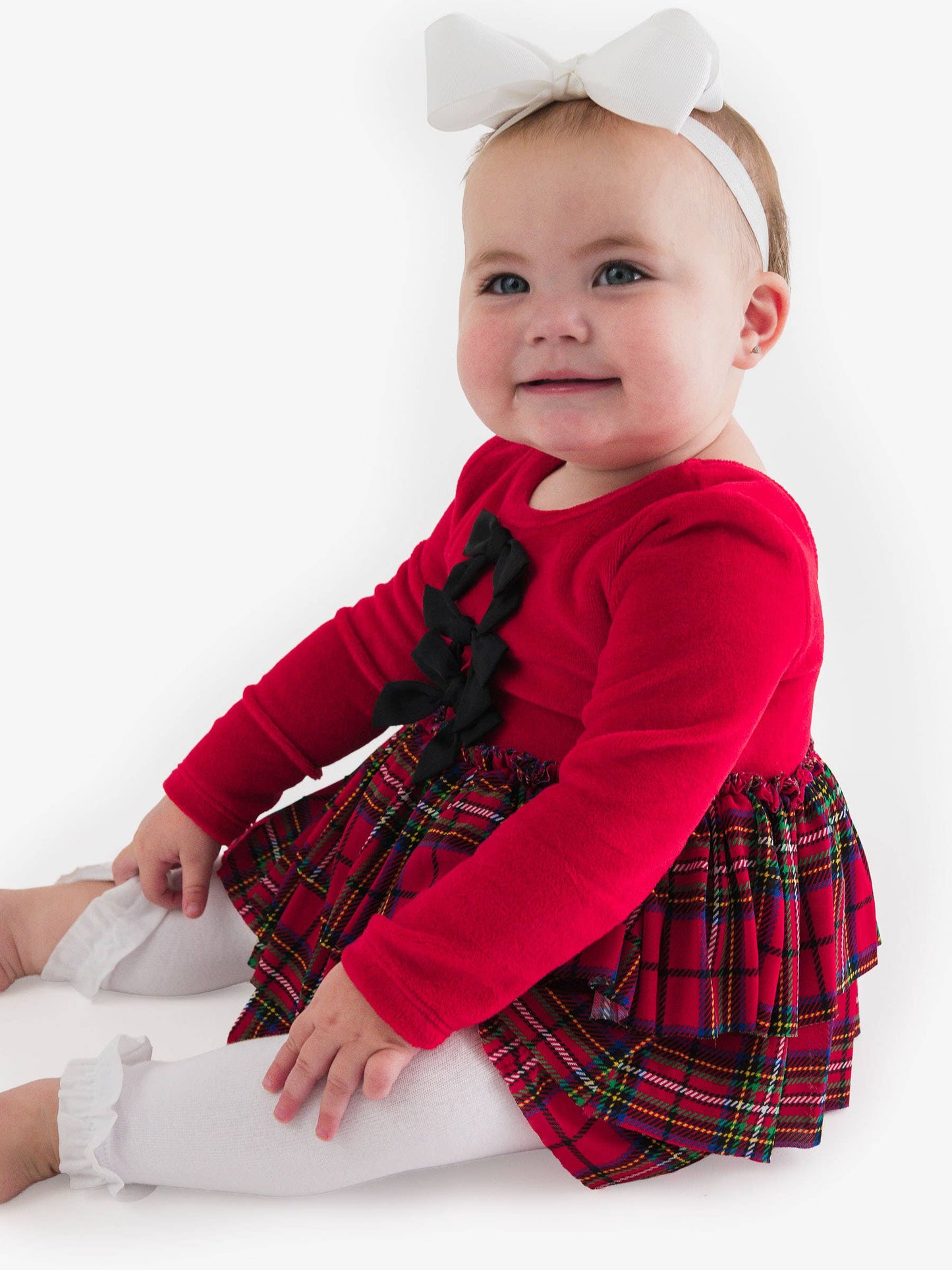 Baby Girls Red Nicholas Plaid Velour & Tulle Long Sleeve Twirl Romper