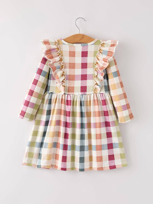 Fall Thanksgiving Plaid Long Sleeve Girls Dress