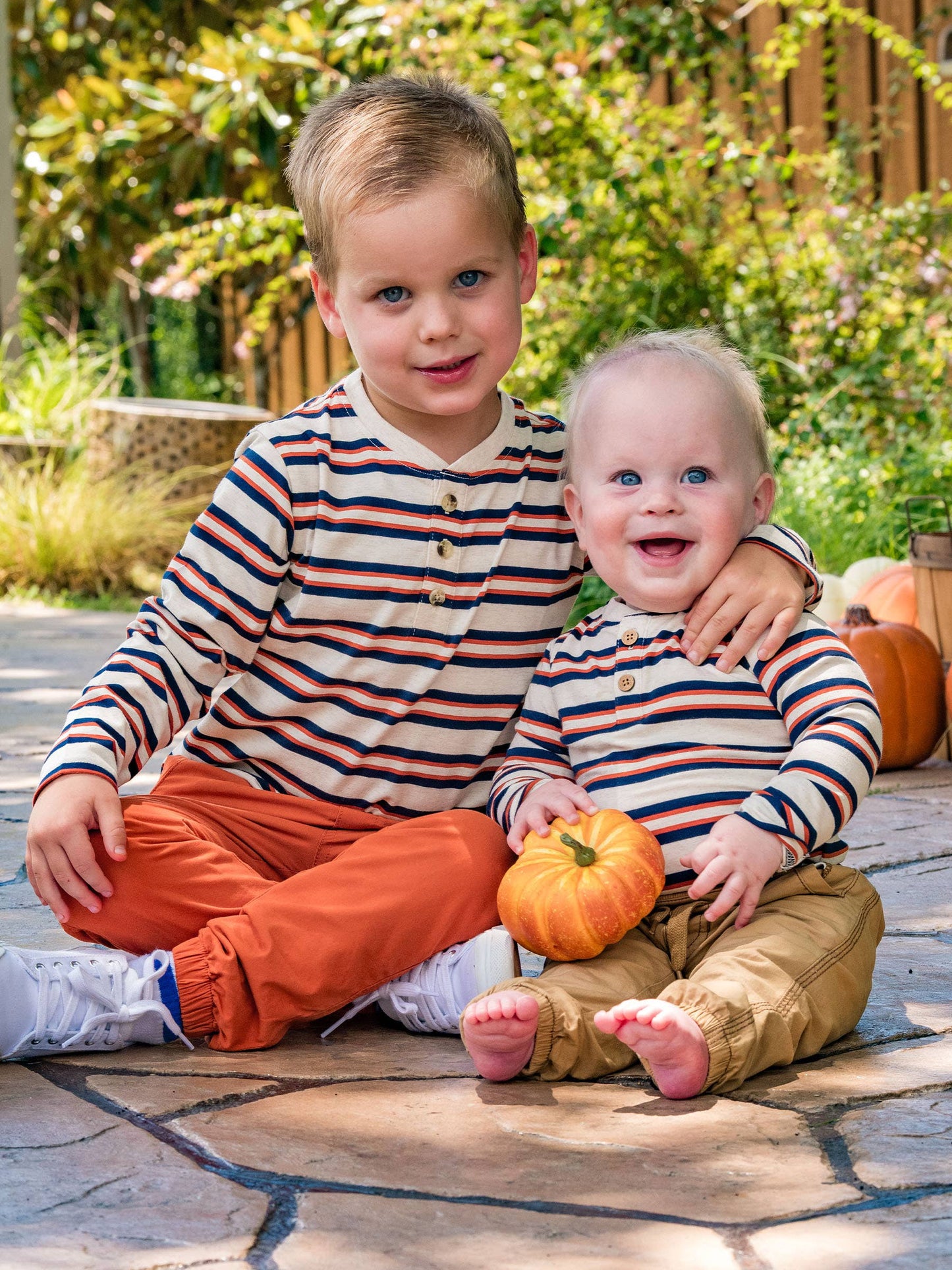 Baby Boys Heather Oatmeal & Rust Stripe Knit Long Sleeve 2-Button Henley Bodysuit