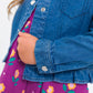 Girls Medium Wash Denim Stretch Denim Ruffle Jean Jacket with Heart Buttons