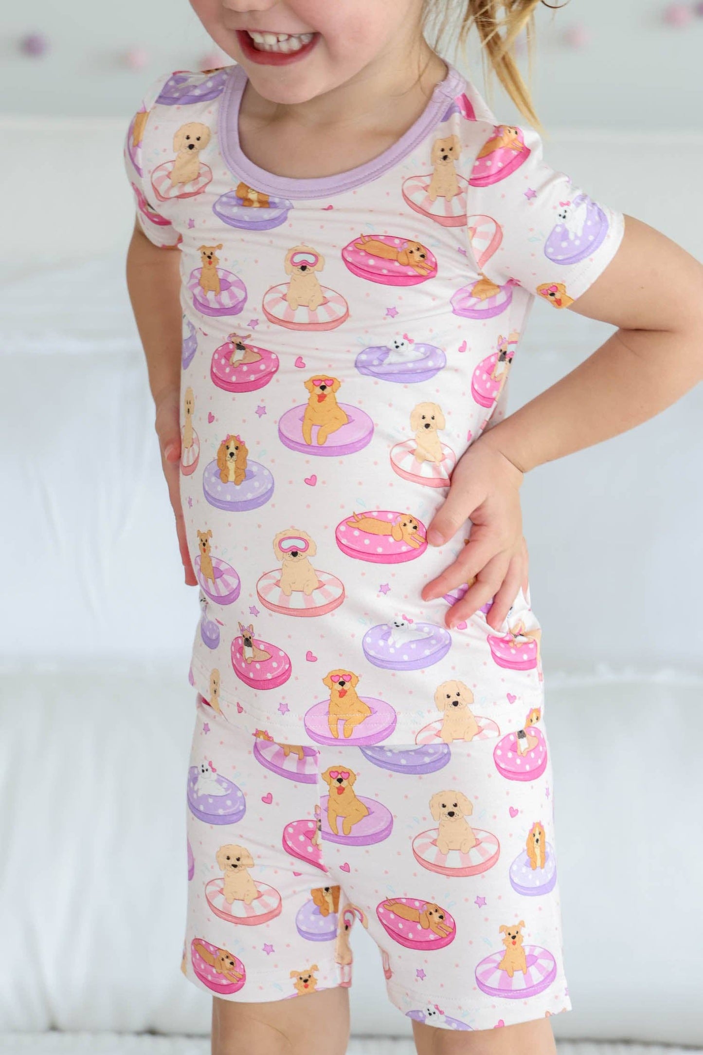 Two Piece Short Pajama Set | Poolside Pups Pink