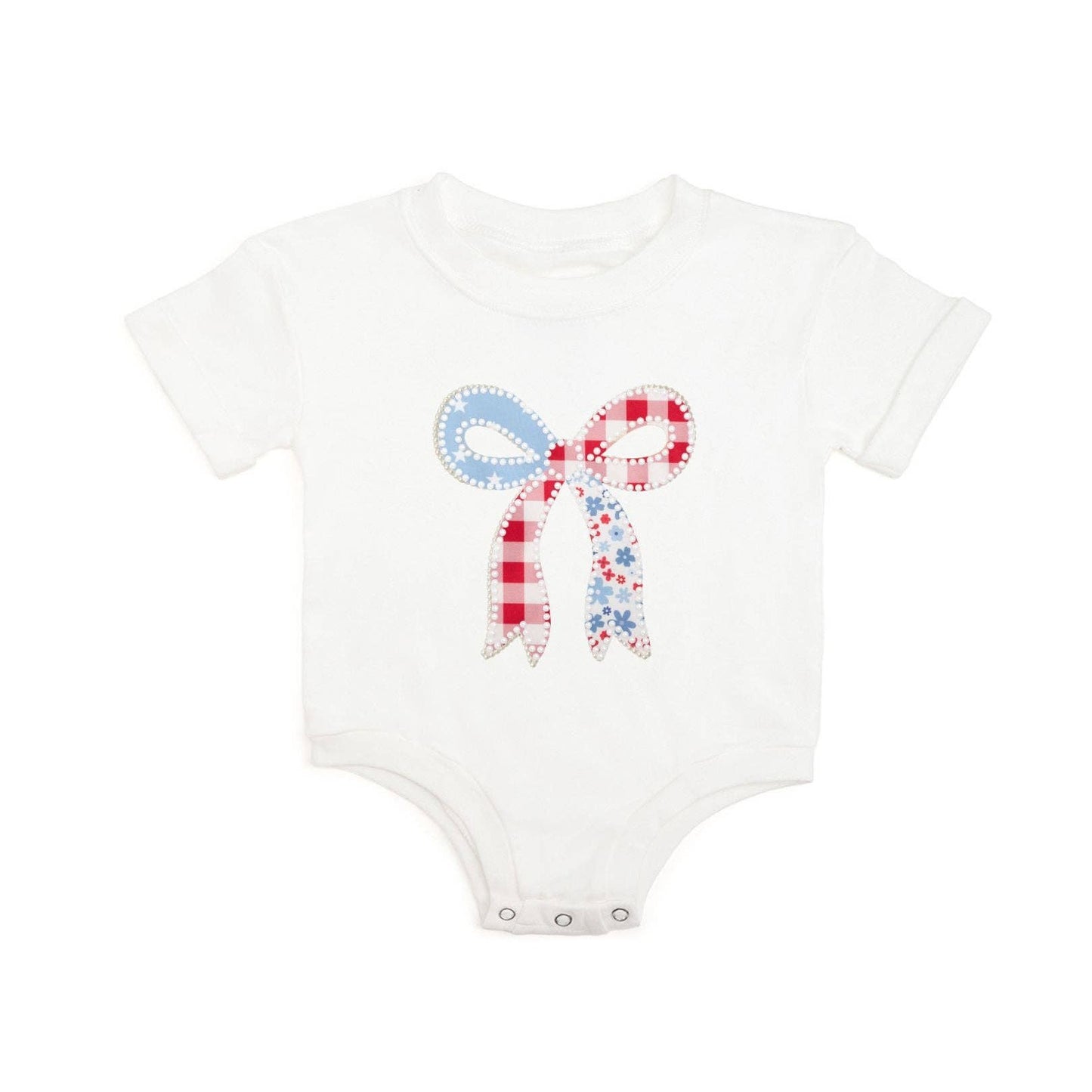 Patchwork Bow Patch Short Sleeve Romper - Fourth of July