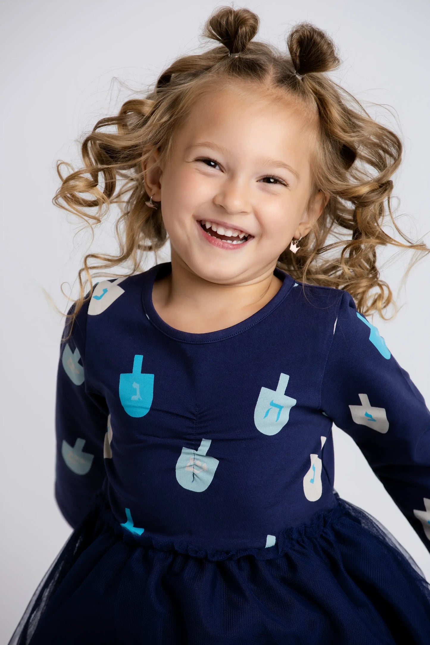 Holiday Kids Long Sleeve Tulle Dress_Hanukkah Dreidels