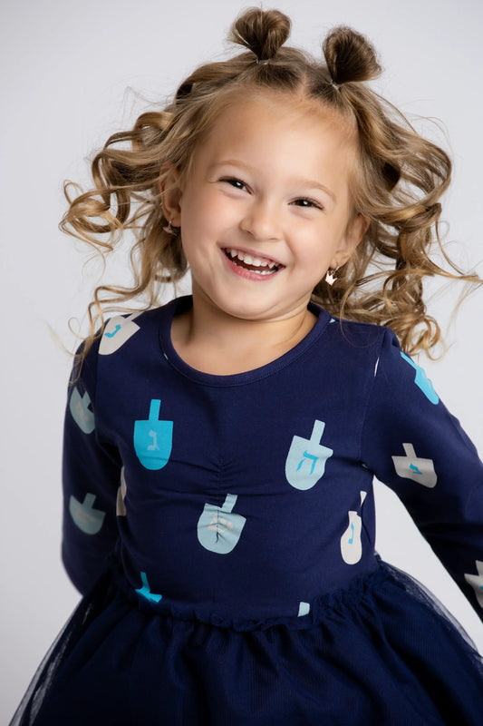 Holiday Kids Long Sleeve Tulle Dress_Hanukkah Dreidels