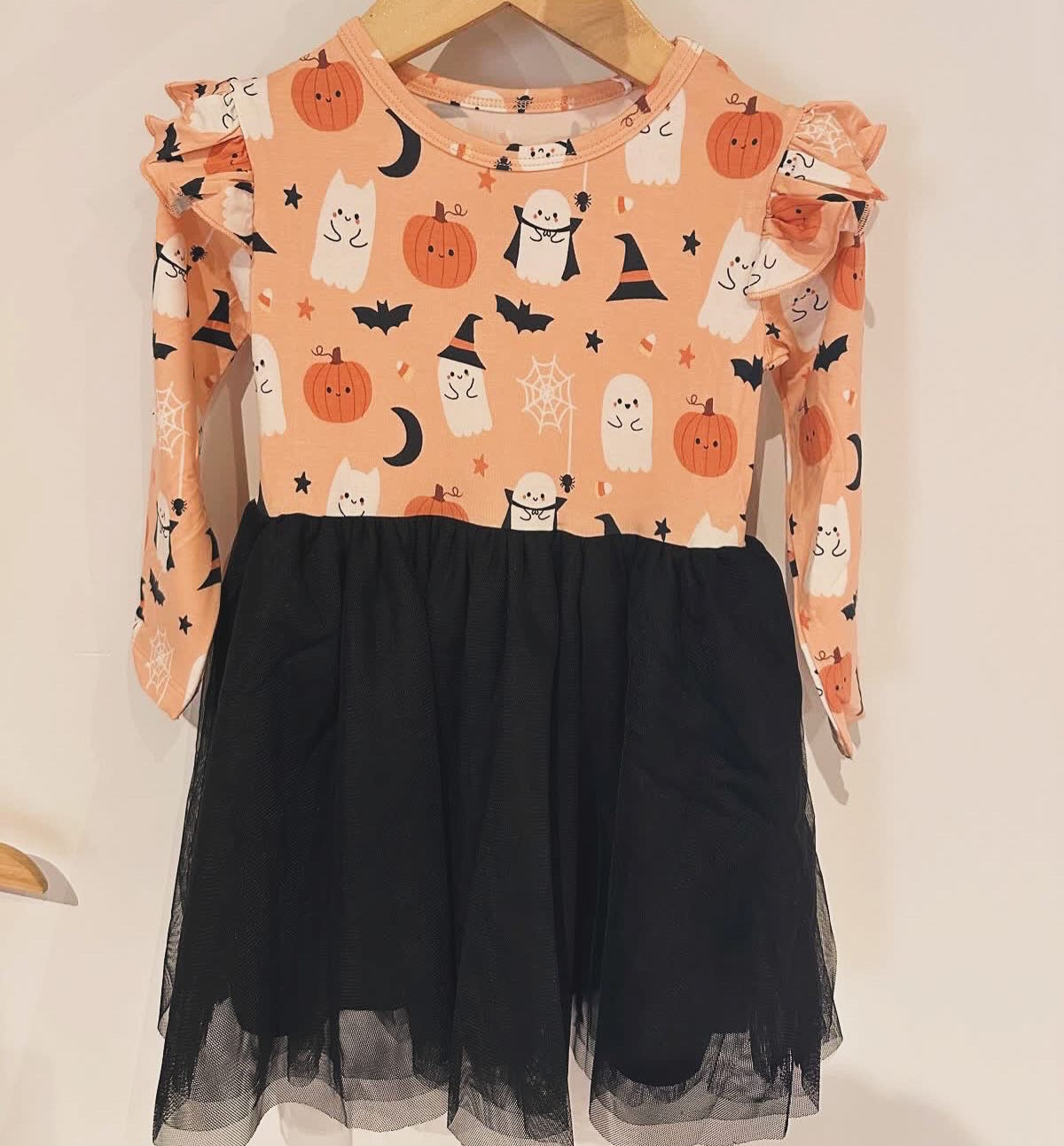 Boo-Tastic Glow-in-the-Dark Halloween Flutter Long Sleeve Tulle Twirl Dress