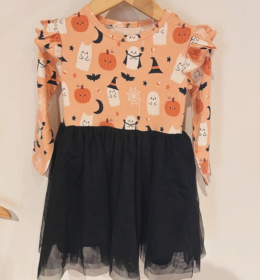 Boo-Tastic Glow-in-the-Dark Halloween Flutter Long Sleeve Tulle Twirl Dress
