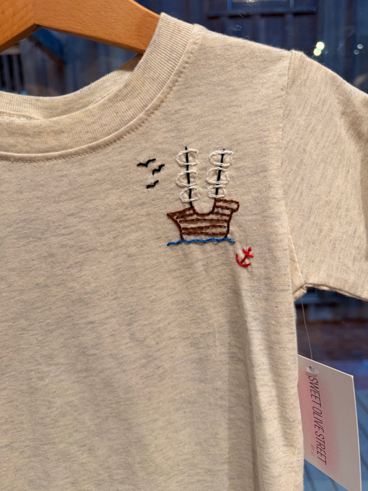Hand Embroidered Pirate Ship T-Shirt