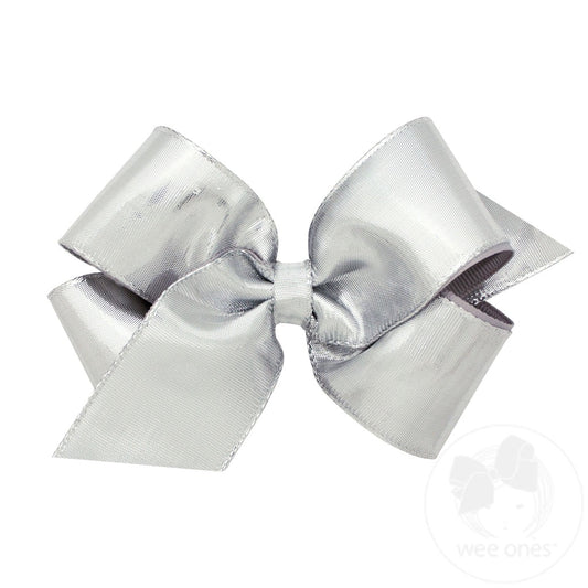 Medium Metallic Overlay Hair Bow- Silver
